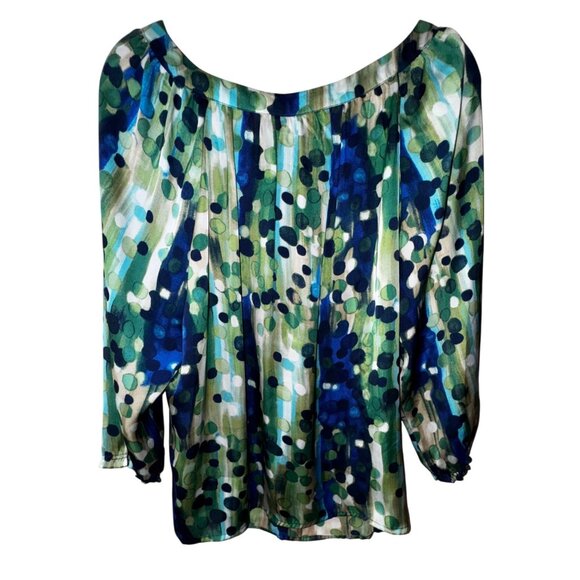 Roz & Ali Plus Size 1X Blouse Green & Blue Satin Top Boho‎ Art Chic Casual Cute - Picture 2 of 8